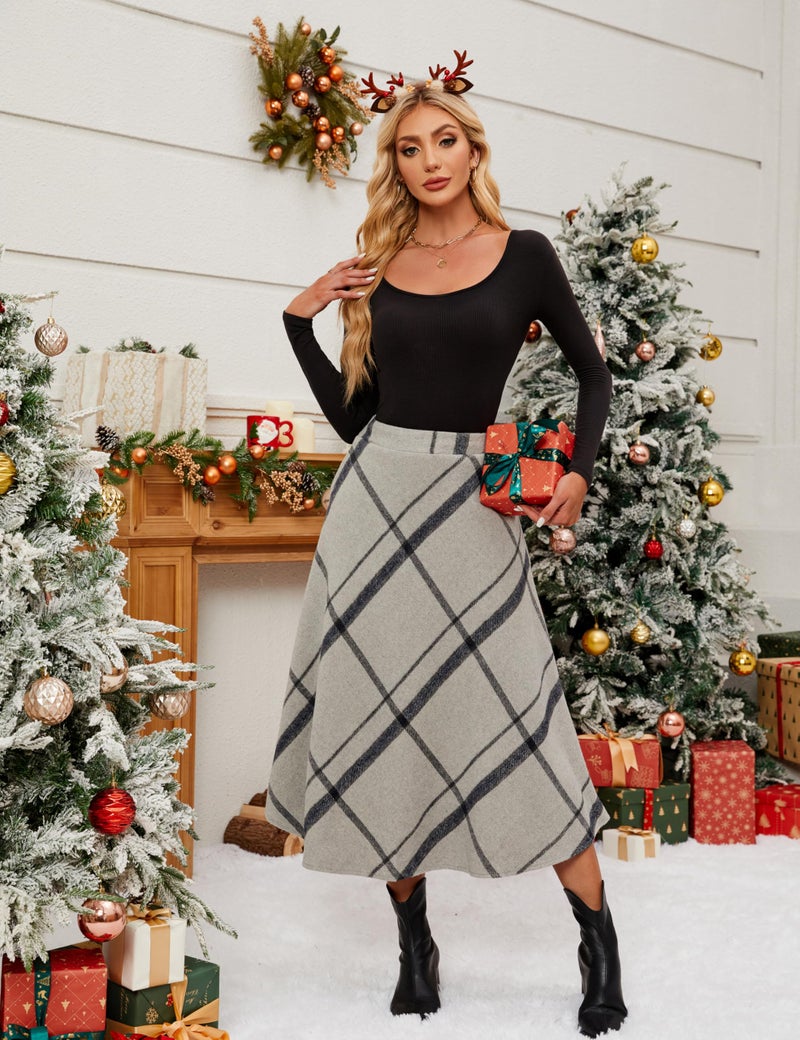 Tanming Women's Winter Warm Elastic Waist Wool Plaid A-Line Pleated Long Skirt (Gray-S) - Image 2